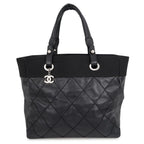 Chanel Tote Bag Paris Biarritz MM Quilted Coco Charm Black