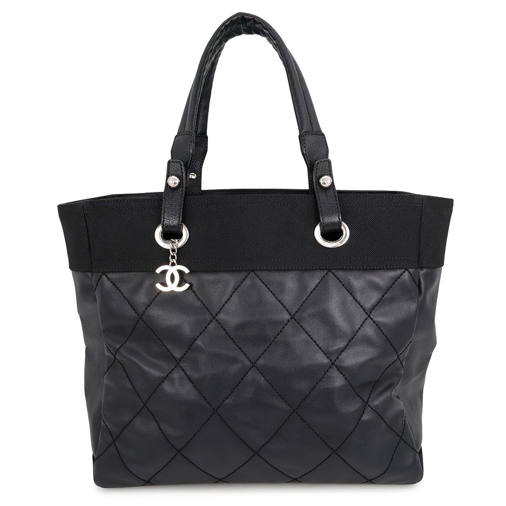Chanel Tote Bag Paris Biarritz MM Quilted Coco Charm Black