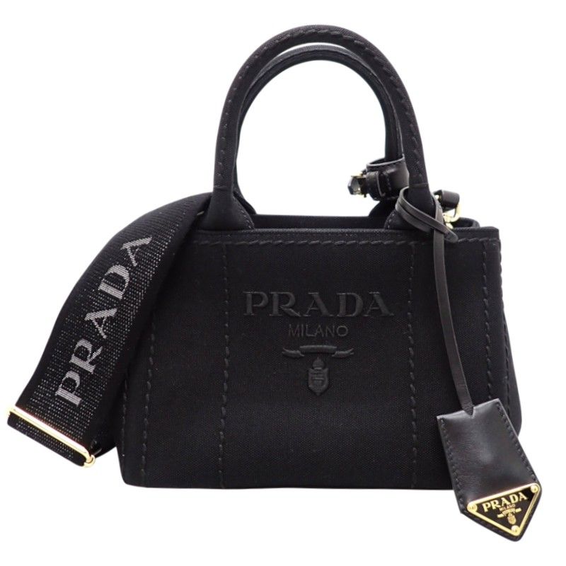 Prada Jardiniere Small Cotton Canvas Mini Bag 2-Way Handbag Black Gold