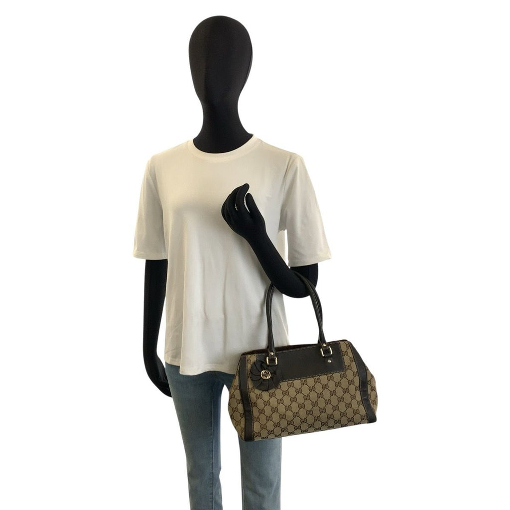 Gucci Trophy Beige Brown Gold GG Canvas Leather Tote Handbag — view 7