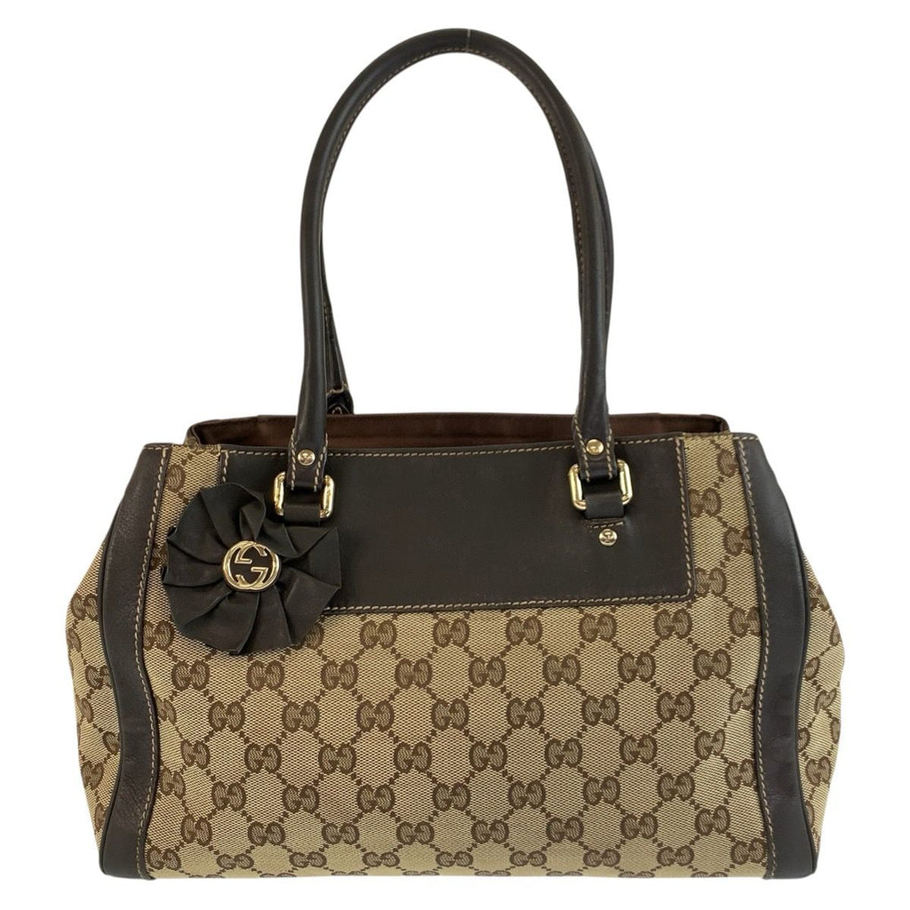 Gucci Trophy Beige Brown Gold GG Canvas Leather Tote Handbag