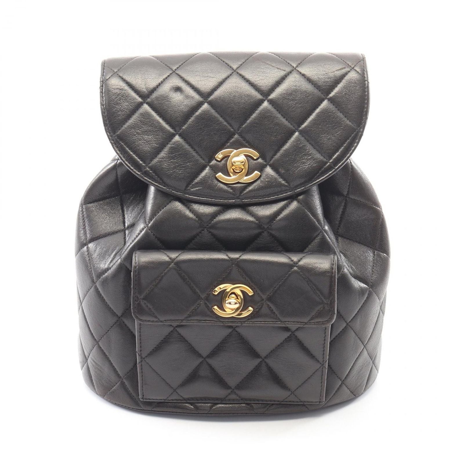 Chanel Backpack Quilted Black Lambskin Double Turnlock Chain