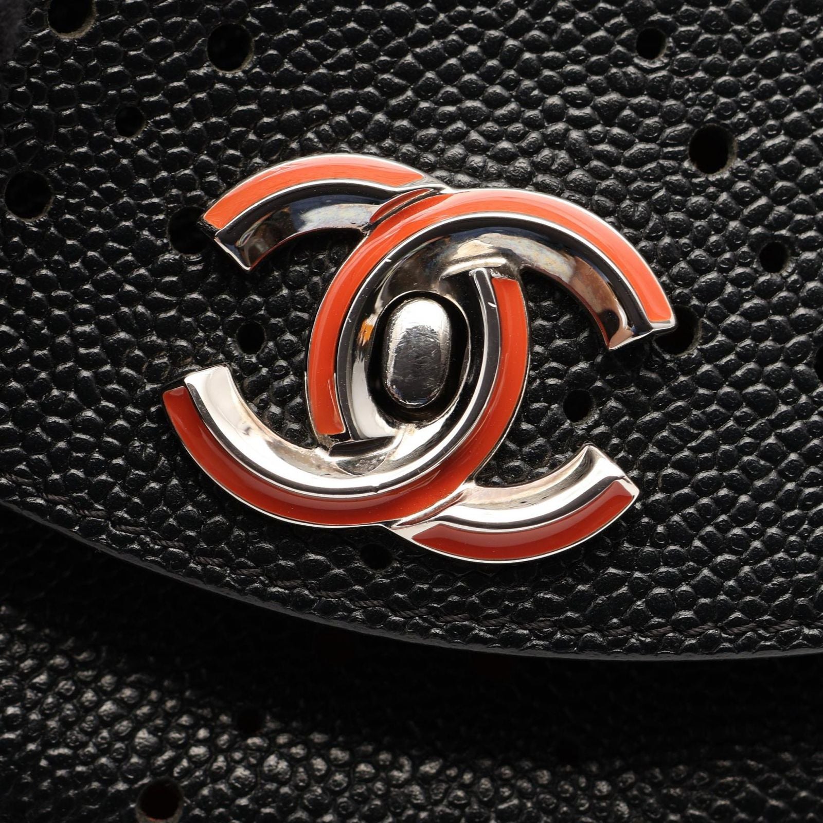 Chanel Shoulder Bag Round Flap Perforated Combination Black Caviar Leather — view 7