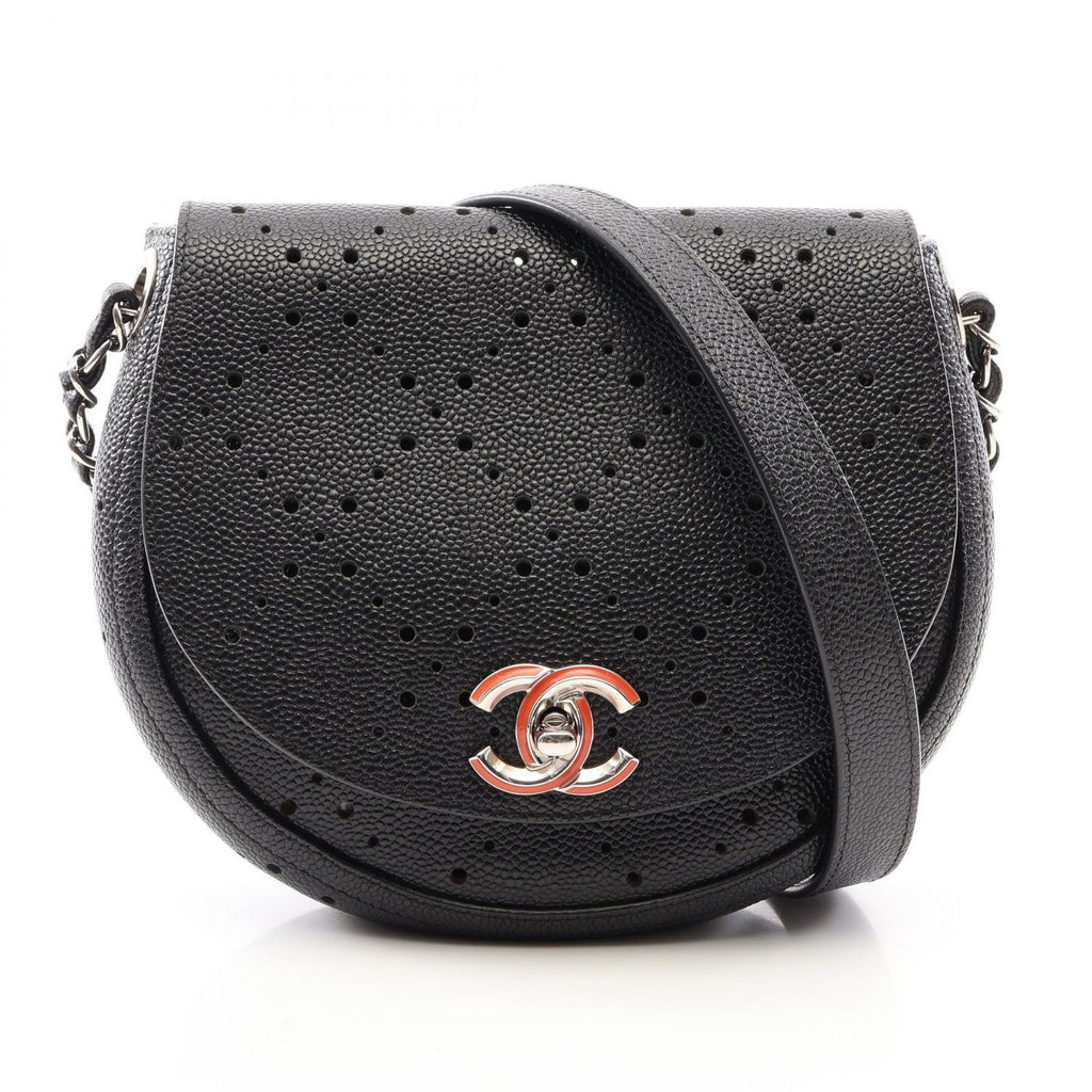 Chanel Shoulder Bag Round Flap Perforated Combination Black Caviar Leather