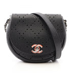 Chanel Shoulder Bag Round Flap Perforated Combination Black Caviar Leather