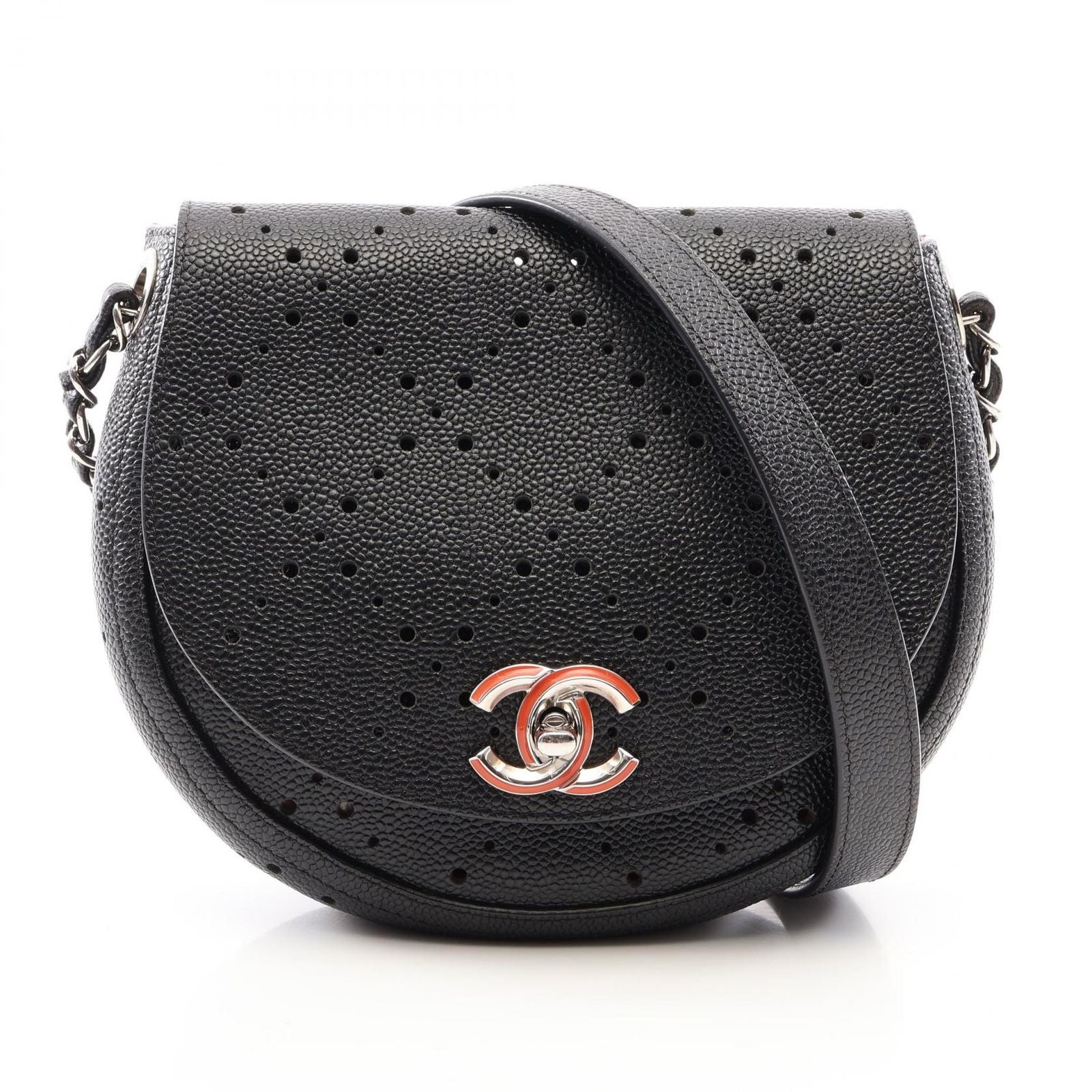 Chanel Shoulder Bag Round Flap Perforated Combination Black Caviar Leather