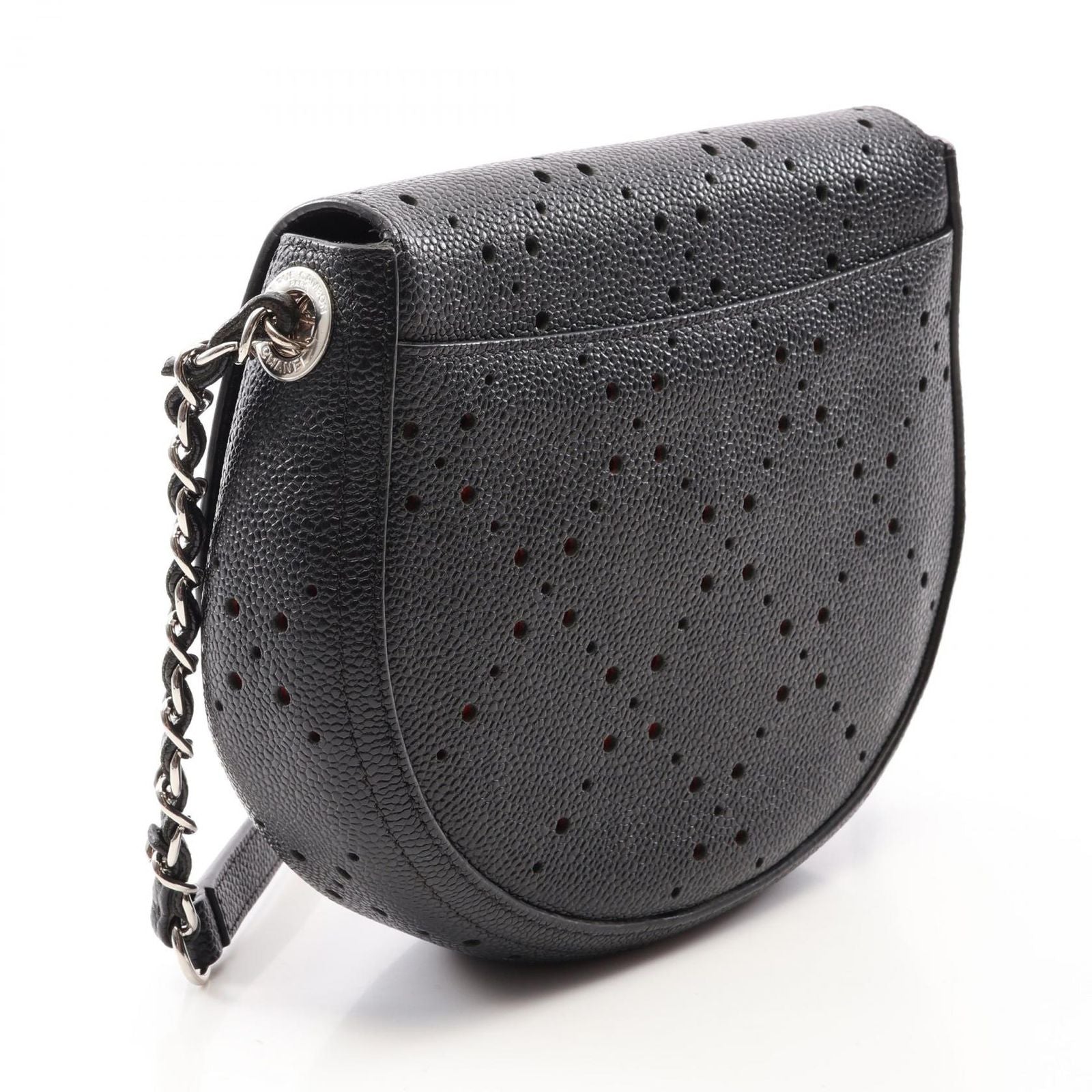 Chanel Shoulder Bag Round Flap Perforated Combination Black Caviar Leather — view 2