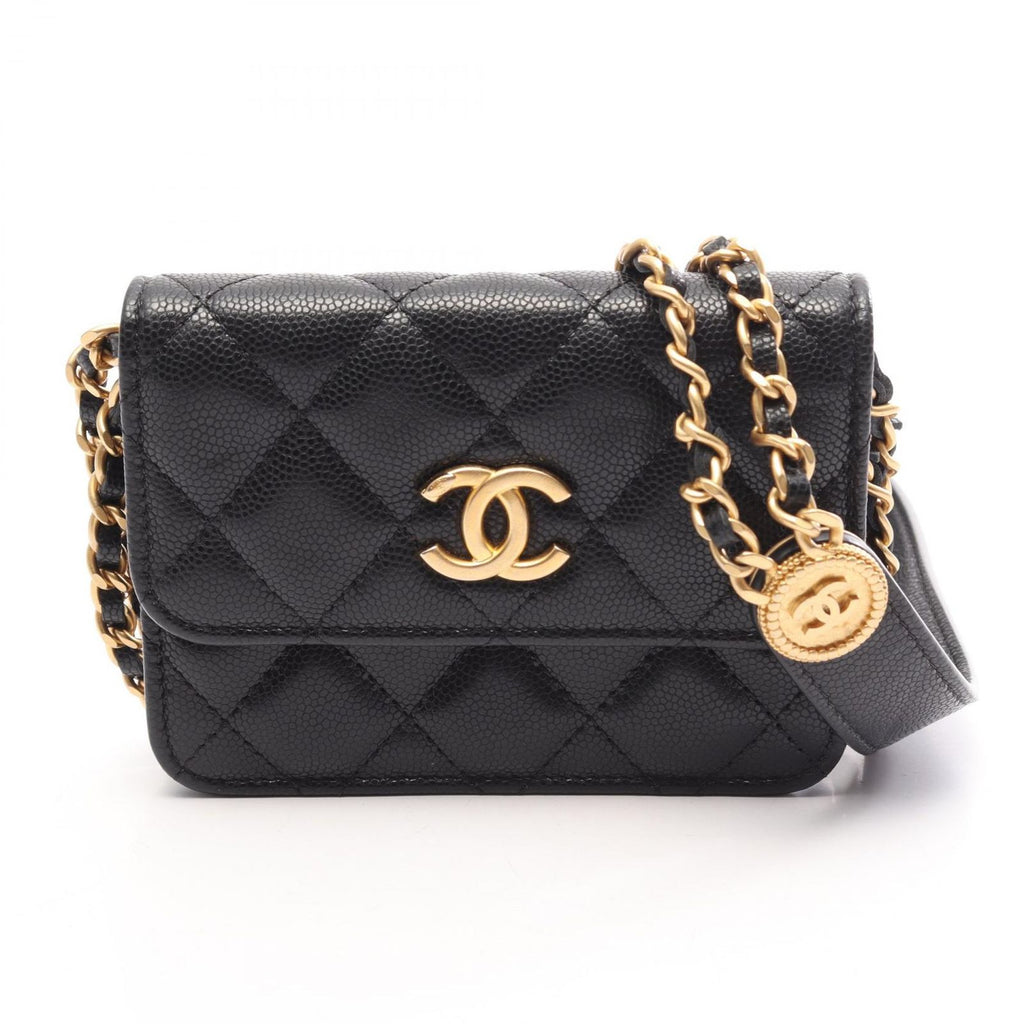 Chanel Shoulder Bag Quilted Card Slot Black Caviar Leather Classic Flap