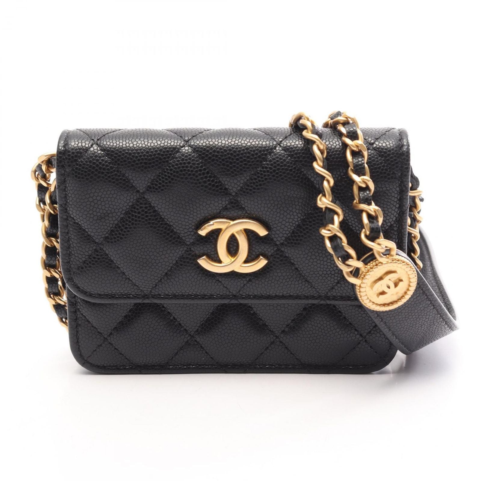 Chanel Shoulder Bag Quilted Card Slot Black Caviar Leather Classic Flap