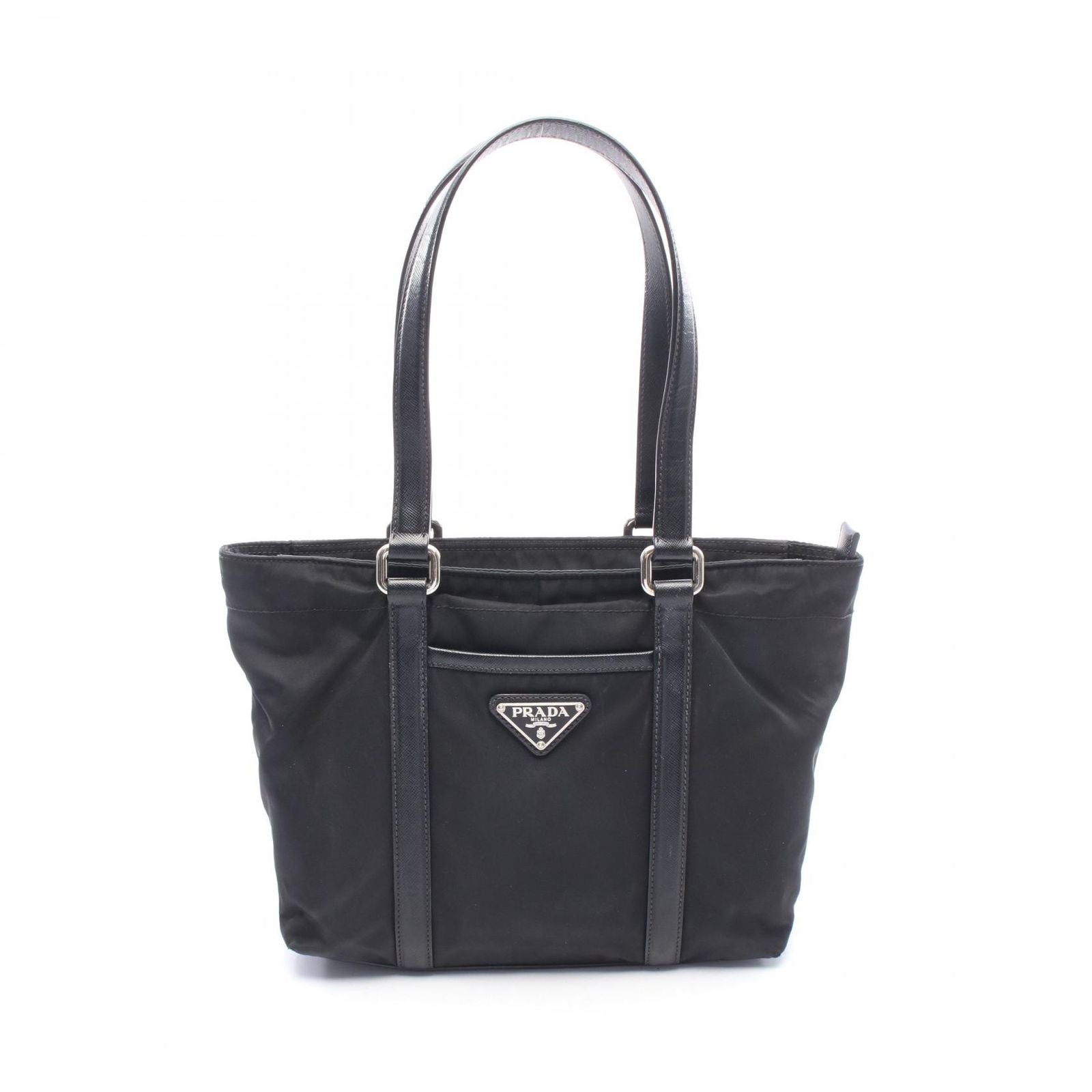Prada Tote Bag Triangle Logo Black Nylon Saffiano Leather Mini