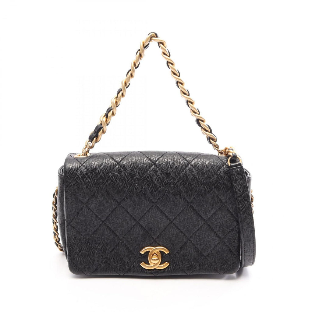 Chanel Shoulder Bag Quilted Full Flap 2-Way Black Caviar Leather Mini Chain