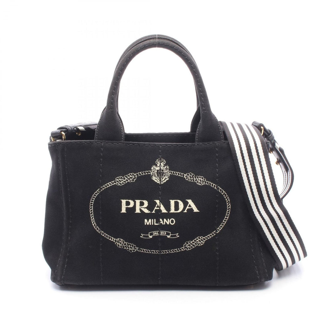 Prada Tote Bag Canapa 2-Way Black White Canvas Mini