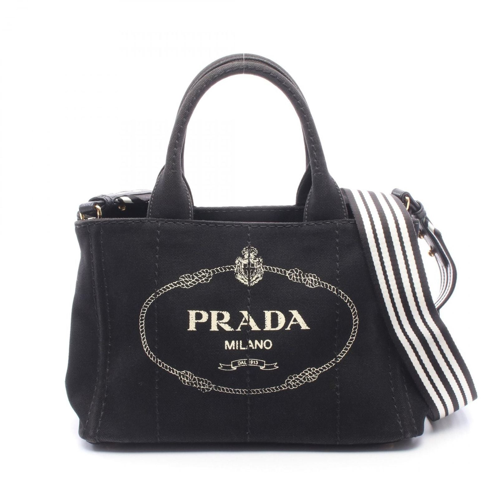Prada Tote Bag Canapa 2-Way Black White Canvas Mini