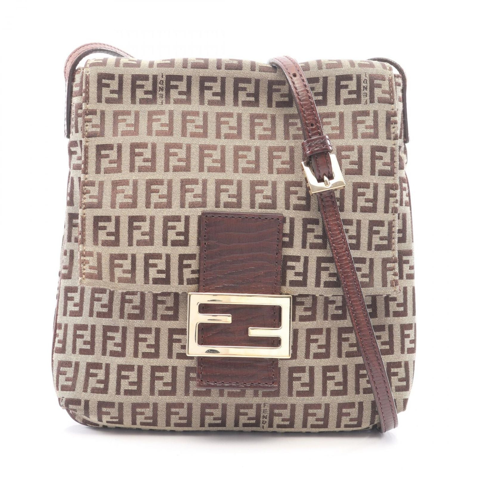 Fendi Shoulder Bag Zucchino Beige Brown Canvas Leather