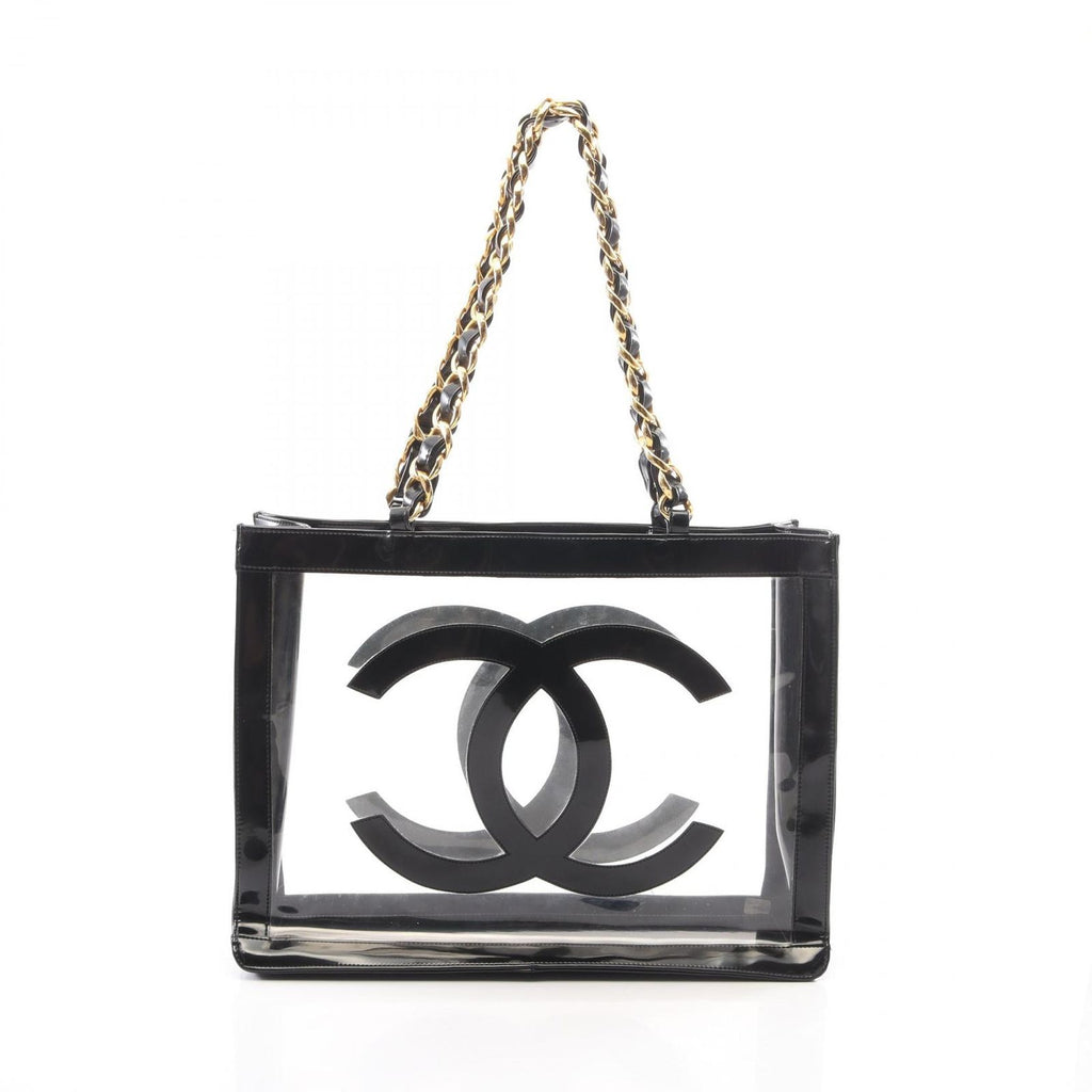 Chanel Tote Bag CC Logo Black Vinyl Patent Leather CC Clear Chain