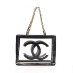 Chanel Tote Bag CC Logo Black Vinyl Patent Leather CC Clear Chain
