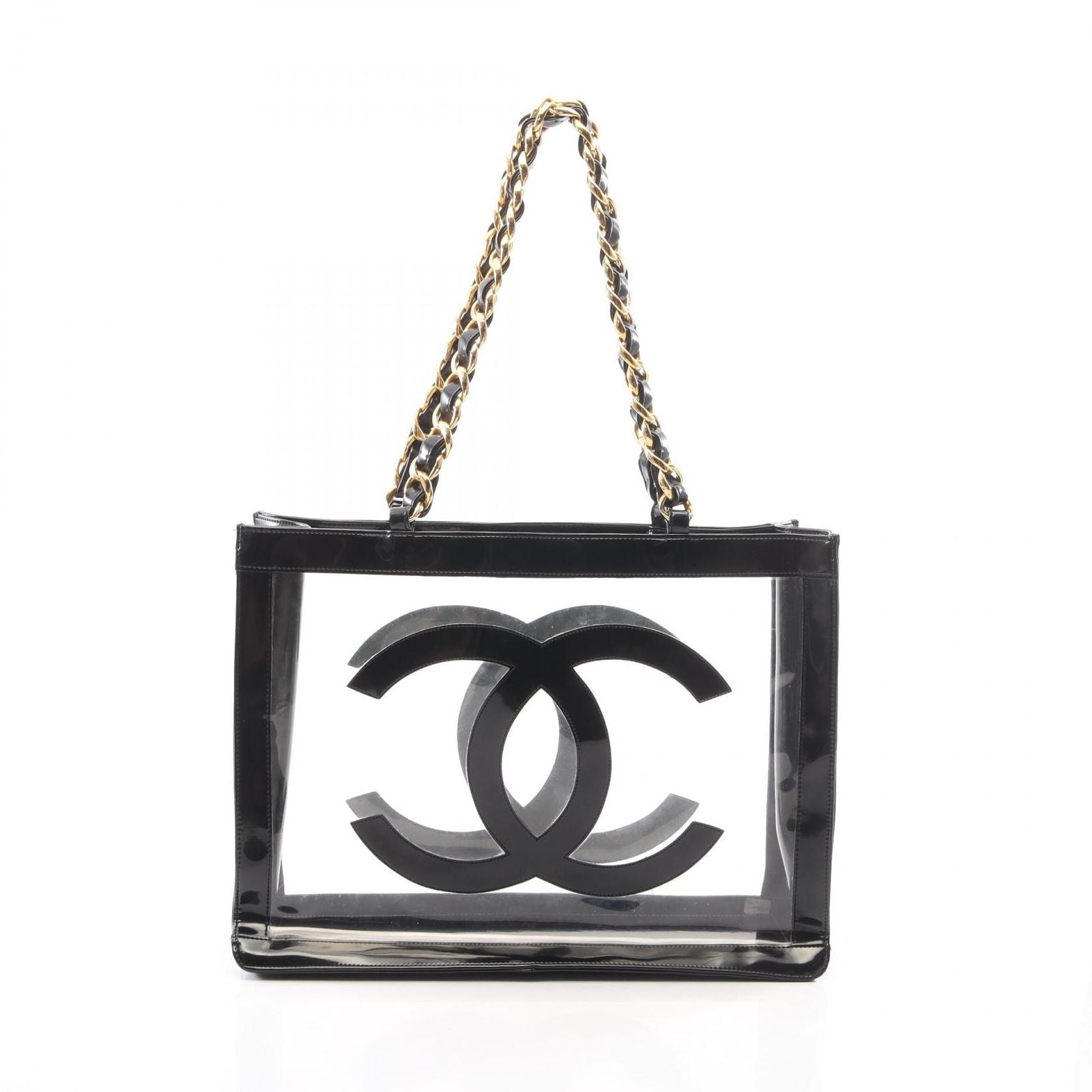 Chanel Tote Bag CC Logo Black Vinyl Patent Leather CC Clear Chain