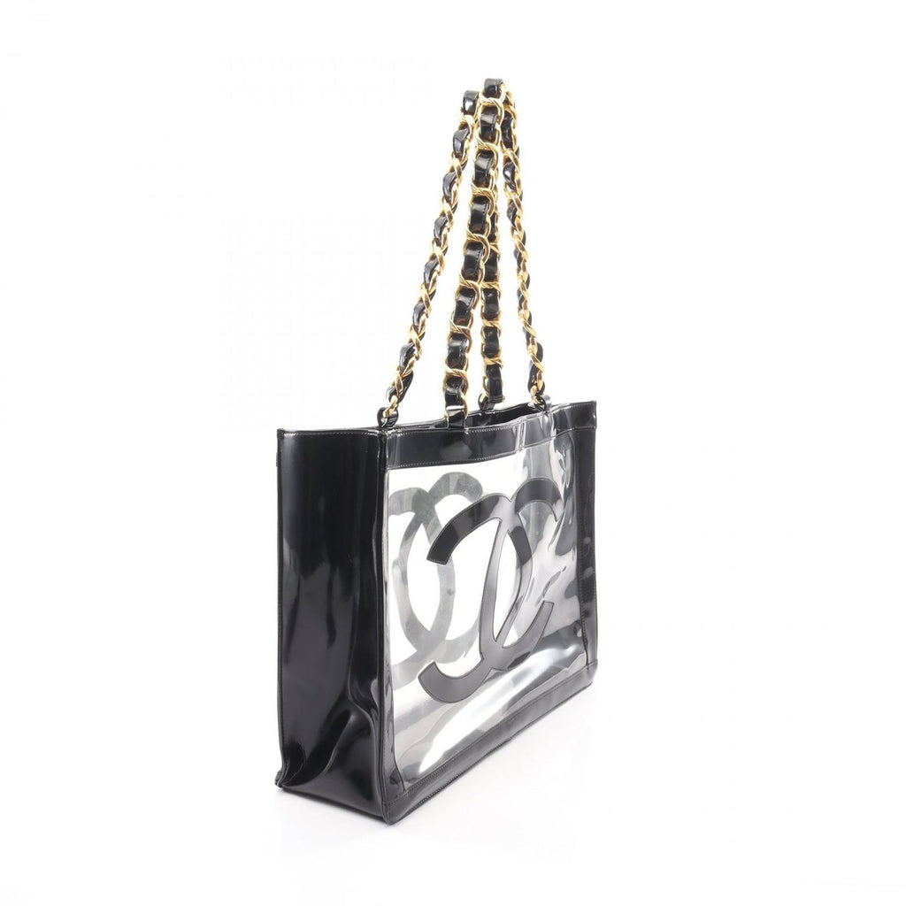 Chanel Tote Bag CC Logo Black Vinyl Patent Leather CC Clear Chain — view 2