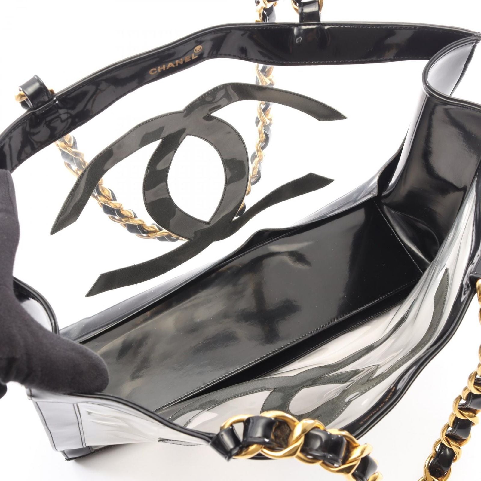 Chanel Tote Bag CC Logo Black Vinyl Patent Leather CC Clear Chain — view 3