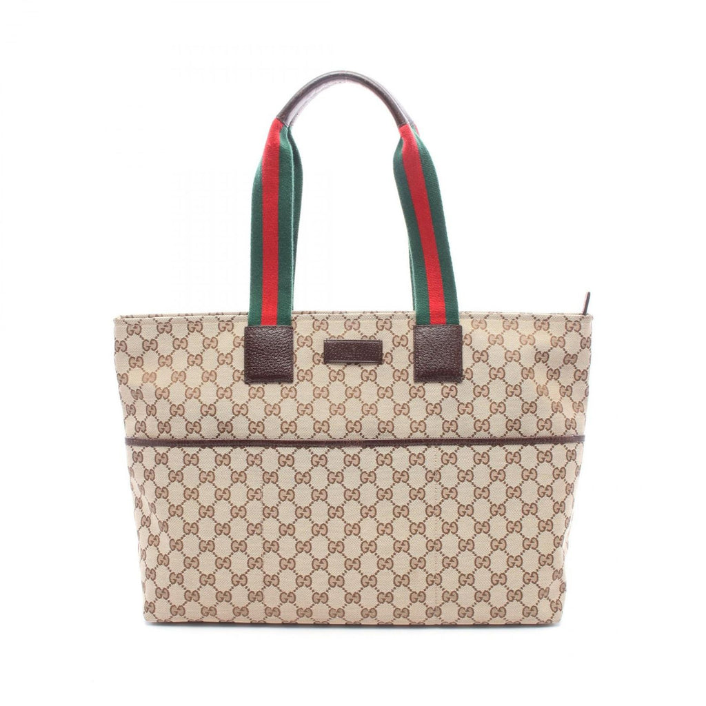 Gucci Tote Bag Webbing Line Beige Brown Green Canvas Leather Sherry