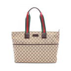 Gucci Tote Bag Webbing Line Beige Brown Green Canvas Leather Sherry