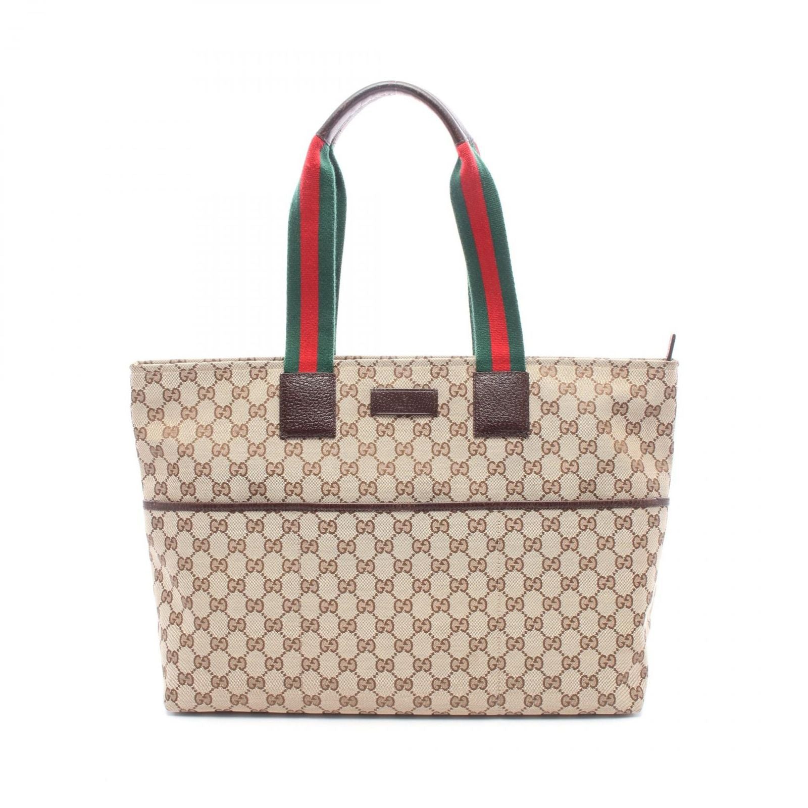 Gucci Tote Bag Webbing Line Beige Brown Green Canvas Leather Sherry