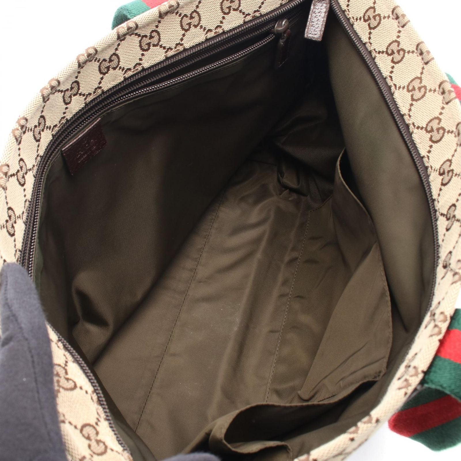 Gucci Tote Bag Webbing Line Beige Brown Green Canvas Leather Sherry — view 3
