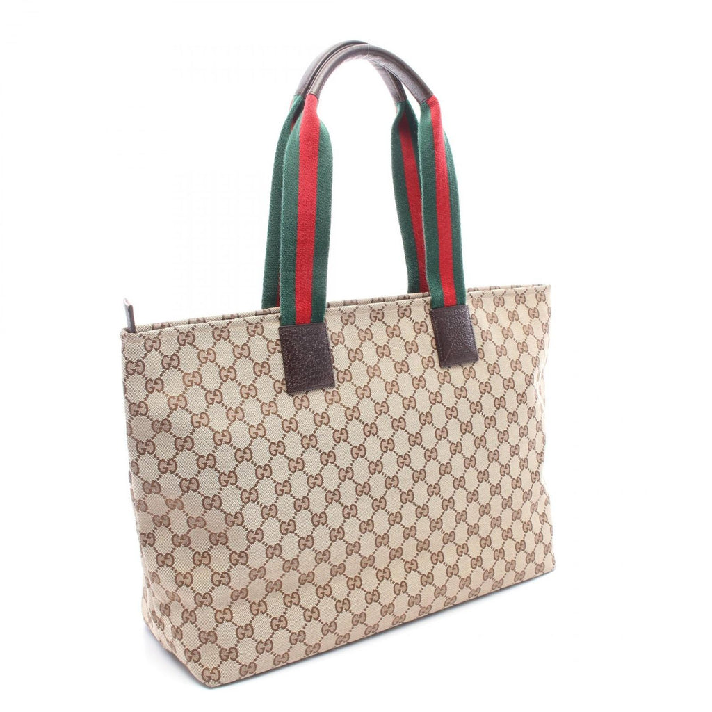 Gucci Tote Bag Webbing Line Beige Brown Green Canvas Leather Sherry — view 2