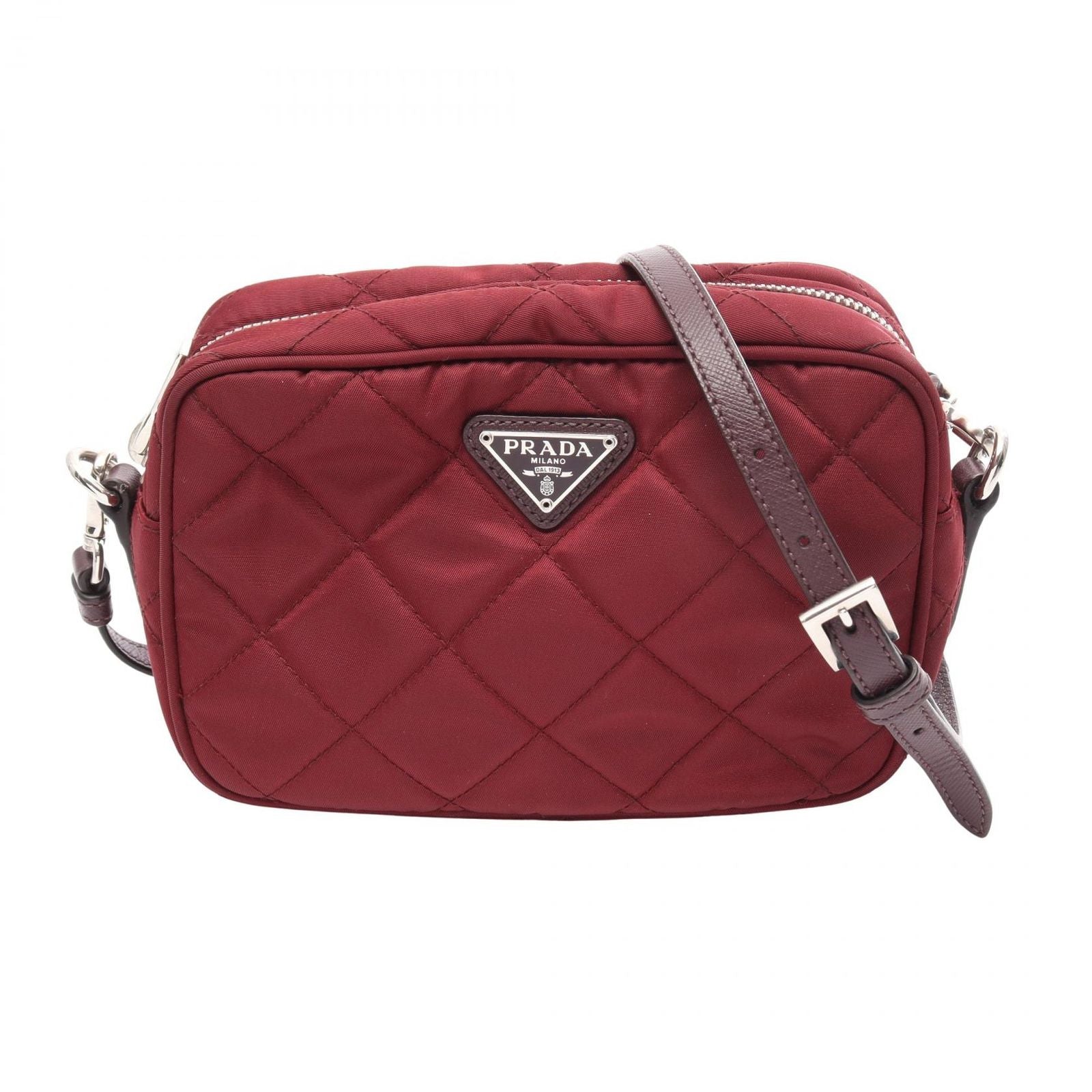Prada Shoulder Bag Bordeaux Nylon Saffiano Leather Triangle Logo
