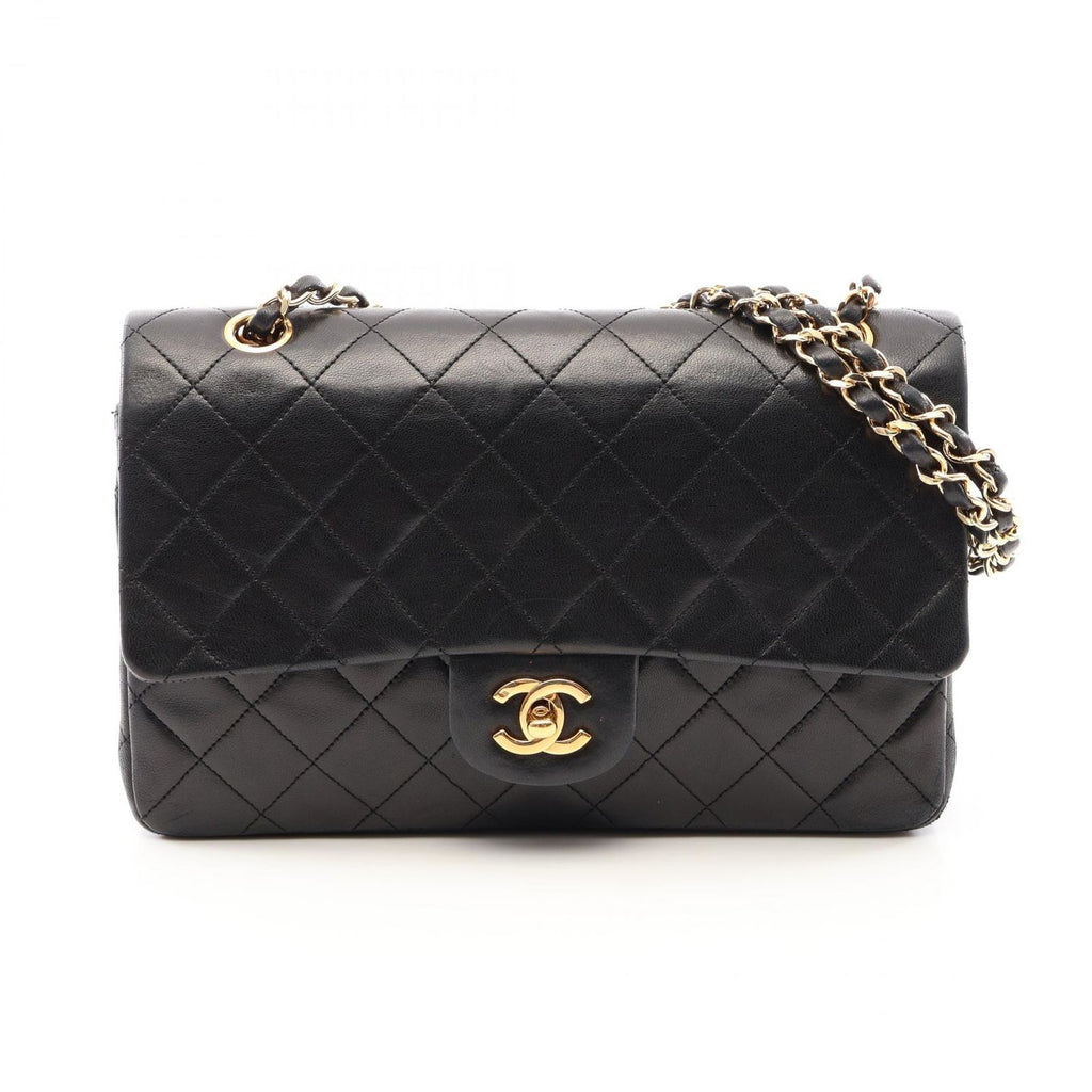 Chanel Shoulder Bag Quilted Double Flap Black Lambskin Chain