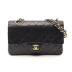 Chanel Shoulder Bag Quilted Double Flap Black Lambskin Chain