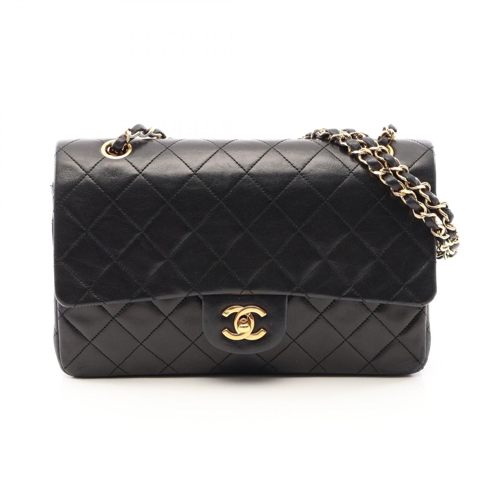 Chanel Shoulder Bag Quilted Double Flap Black Lambskin Chain