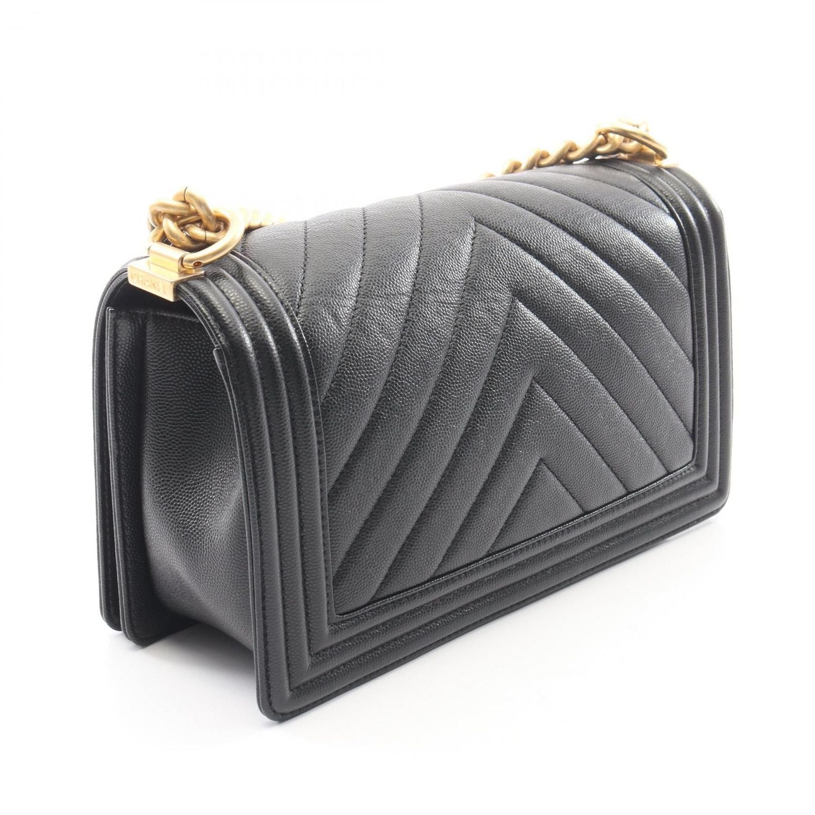 Chanel Shoulder Bag Boy Chez Blanc Stitch Black Caviar Leather Boy Chain — view 2
