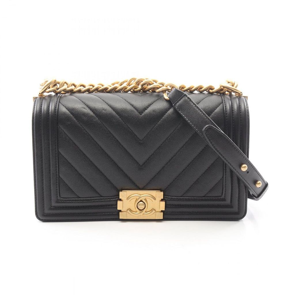 Chanel Shoulder Bag Boy Chez Blanc Stitch Black Caviar Leather Boy Chain