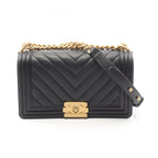 Chanel Shoulder Bag Boy Chez Blanc Stitch Black Caviar Leather Boy Chain
