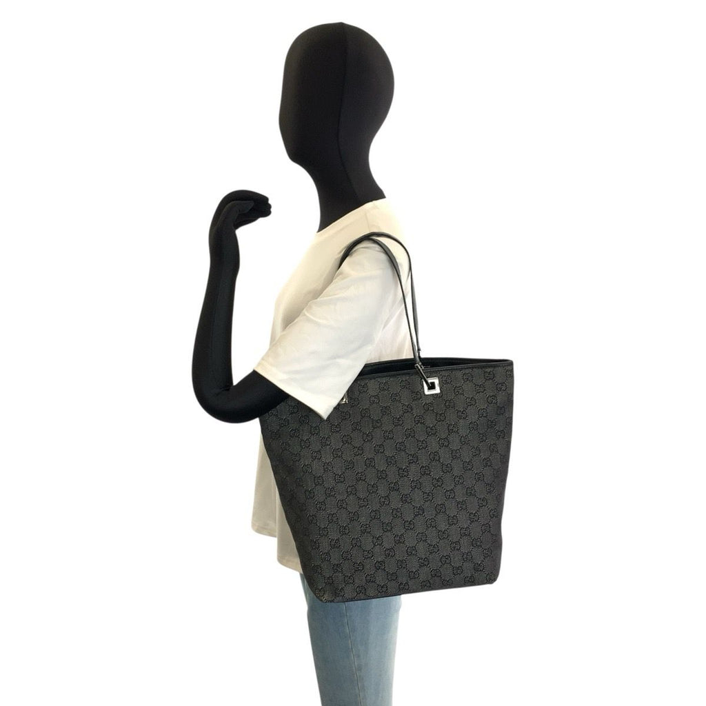 Gucci Black Silver GG Canvas Leather Tote Shoulder Bag — view 6