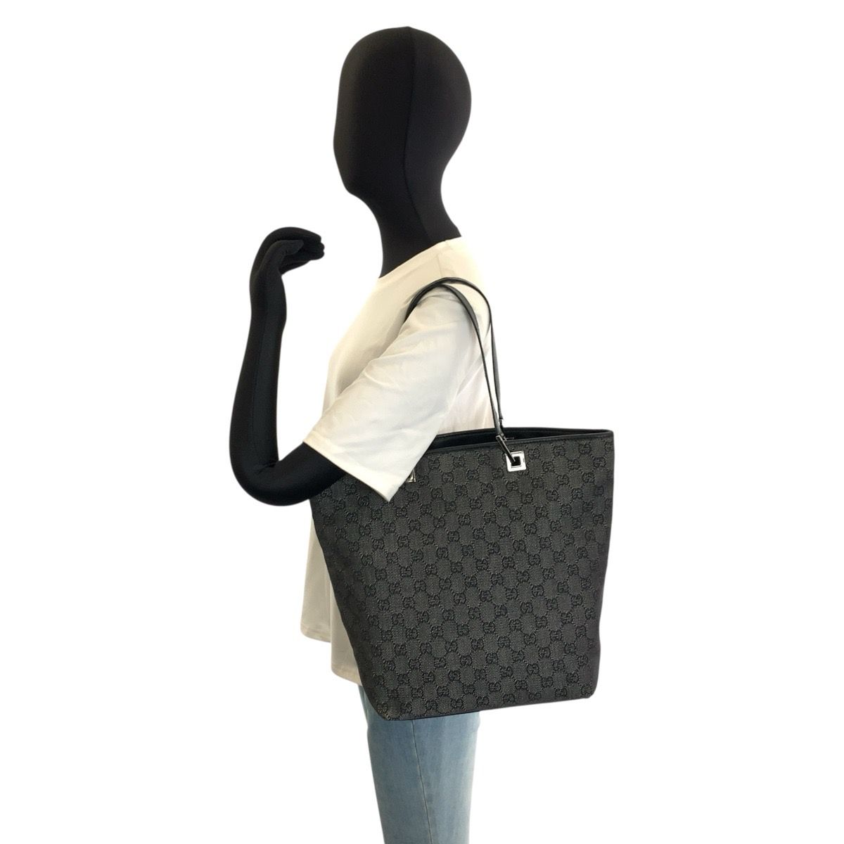 Gucci Black Silver GG Canvas Leather Tote Shoulder Bag — view 6