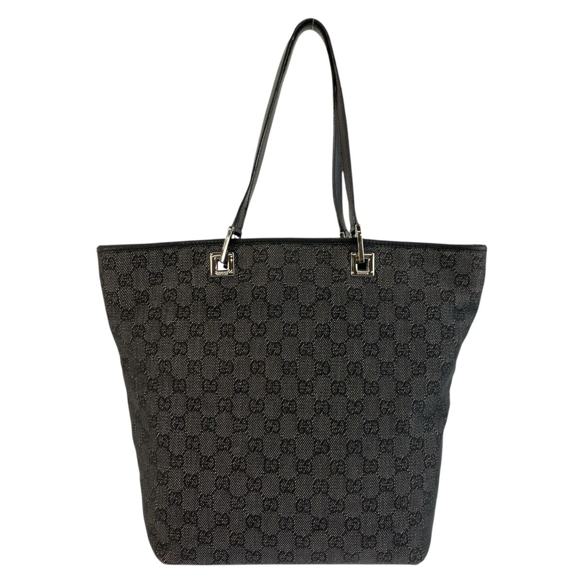 Gucci Black Silver GG Canvas Leather Tote Shoulder Bag
