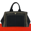 Prada Canapa Triangle Logo Canvas Saffiano Leather Studs Tote Handbag Black