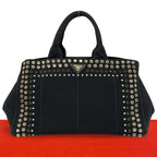 Prada Canapa Triangle Logo Canvas Saffiano Leather Studs Tote Handbag Black