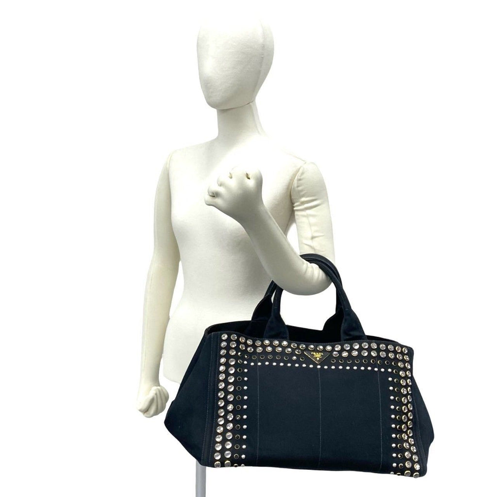 Prada Canapa Triangle Logo Canvas Saffiano Leather Studs Tote Handbag Black — view 2