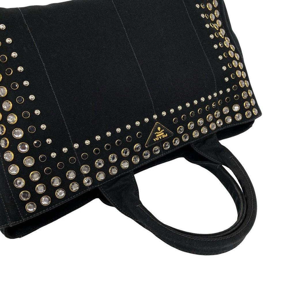 Prada Canapa Triangle Logo Canvas Saffiano Leather Studs Tote Handbag Black — view 4