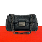 Prada Nappa Bomber Logo Leather Chain Shoulder Bag Pochette Black with Key