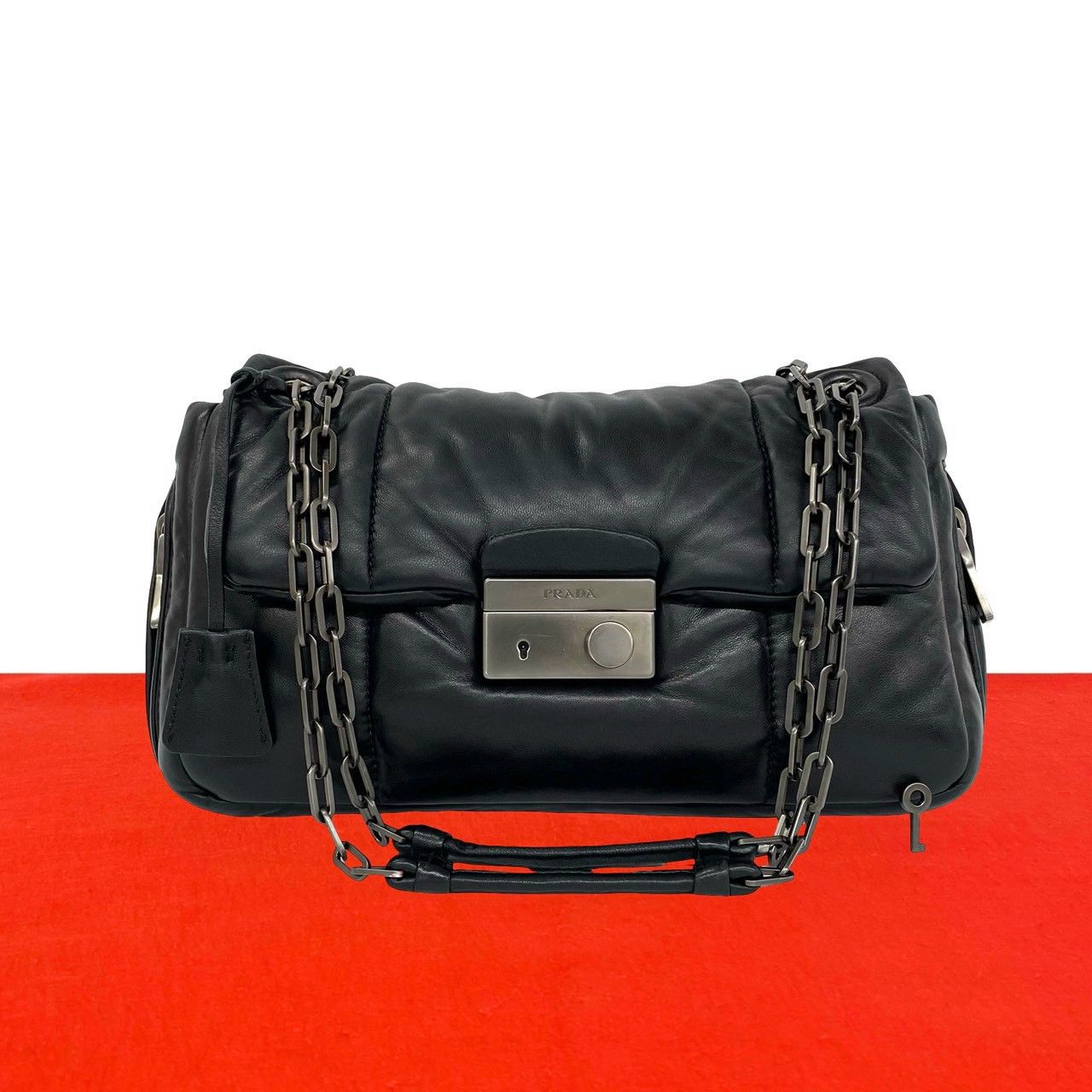 Prada Nappa Bomber Logo Leather Chain Shoulder Bag Pochette Black with Key