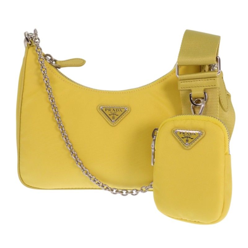 Prada Re-Nylon 2-Way Handbag Shoulder Bag Nylon Yellow Triangle Logo Chain