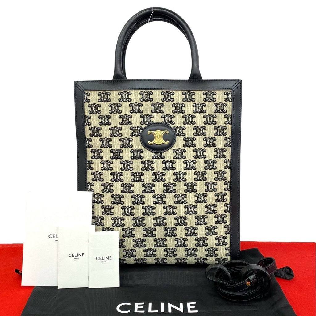 Celine Vertical Cabas Triomphe Logo Canvas Leather 2-Way Shoulder Bag