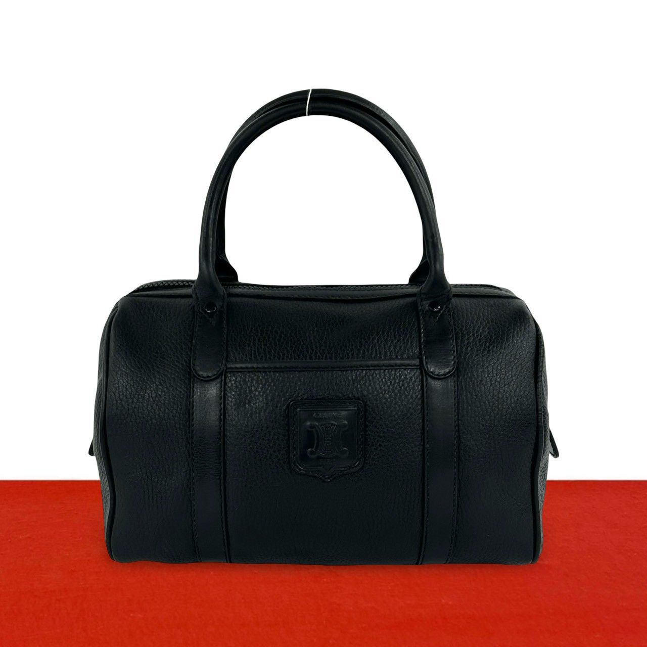 Celine Vintage Triomphe Embossed Logo Leather Handle Mini Boston Bag Black