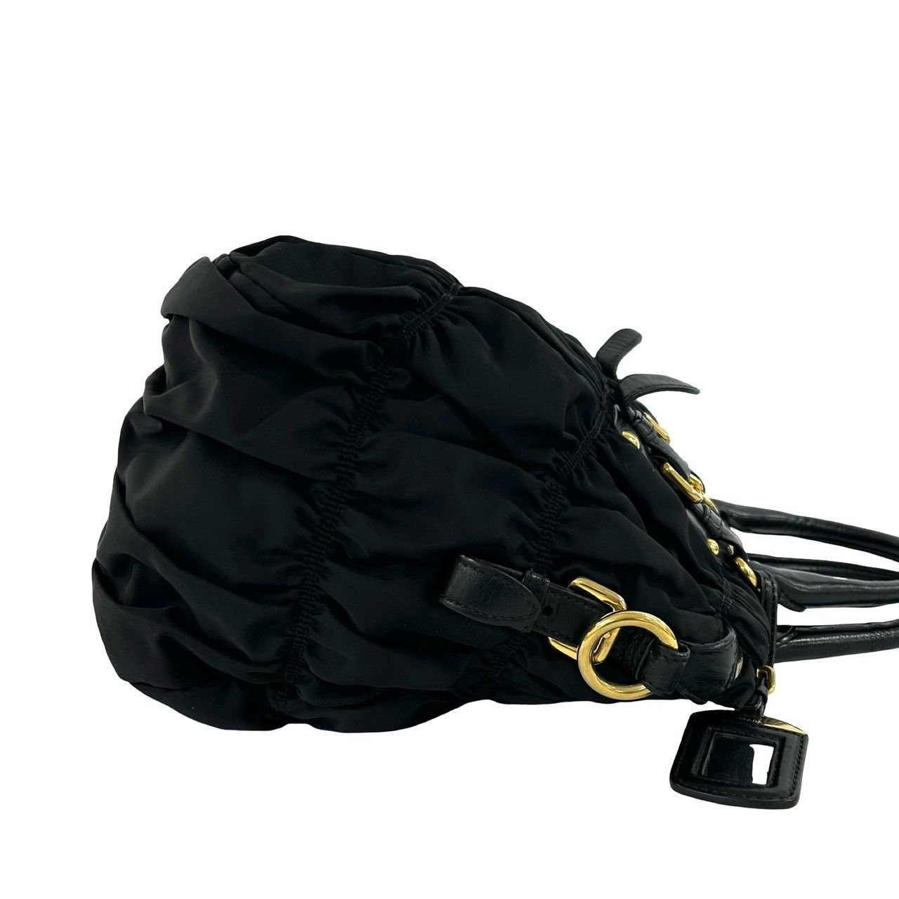 Prada Logo Gathered Nylon Leather 2-Way Handbag Tote Shoulder Bag Black — view 6
