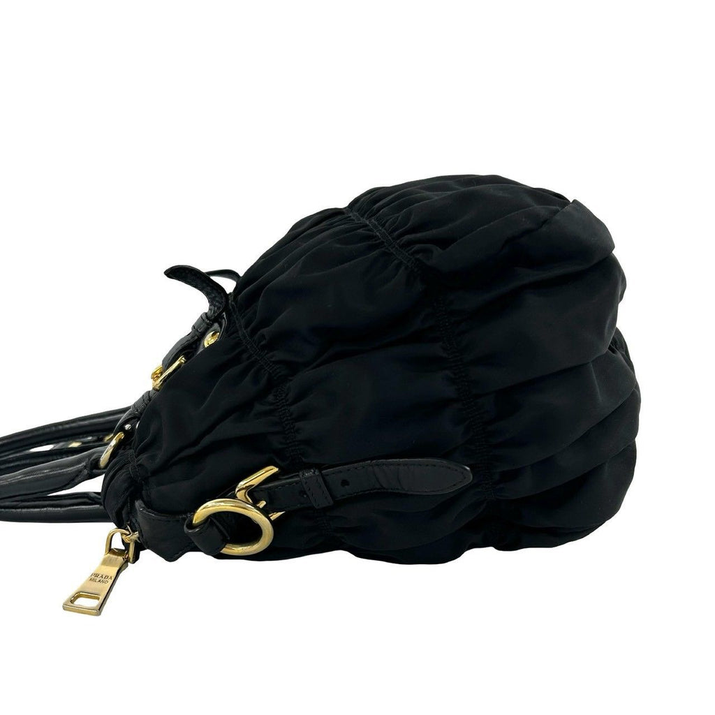 Prada Logo Gathered Nylon Leather 2-Way Handbag Tote Shoulder Bag Black — view 5