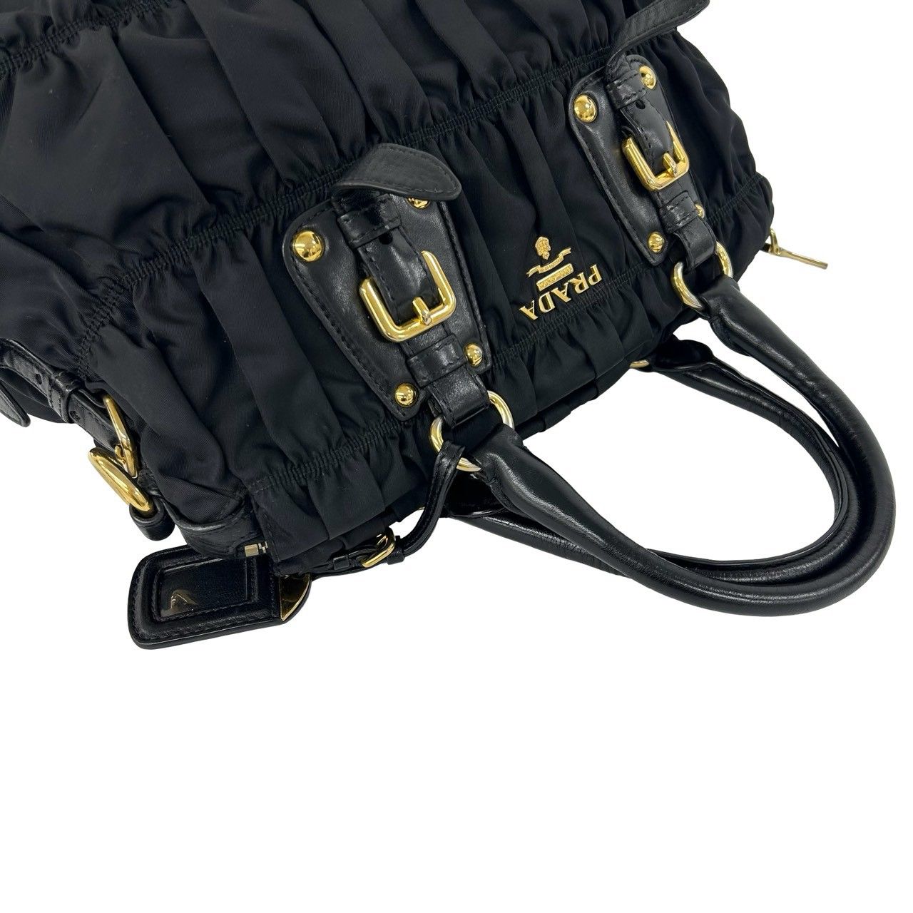 Prada Logo Gathered Nylon Leather 2-Way Handbag Tote Shoulder Bag Black — view 4